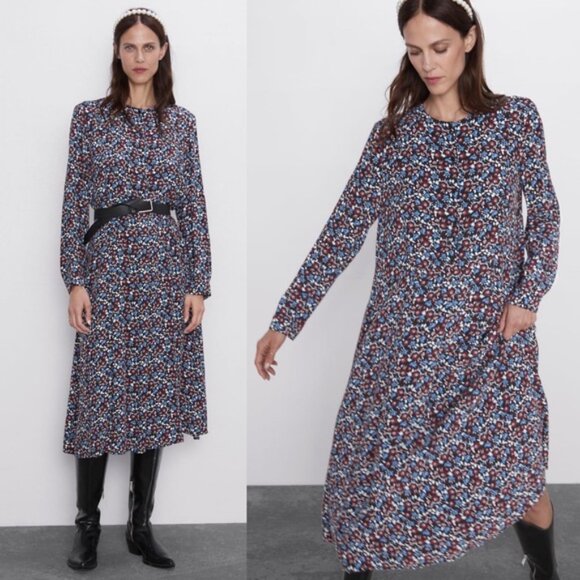 Zara Ditsy Floral Half Button Long Sleeve Midi Dress Size XXL EUC - Picture 1 of 13
